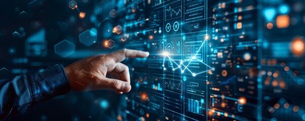 Leinwandbilder - A hand pointing at a digital graph interface displaying data analytics on a vibrant, high-tech background.