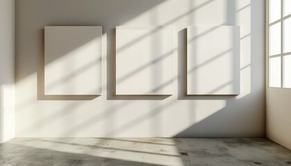 Aufkleber - Minimalist interior featuring empty frames on a wall, sunlight casting dramatic shadows, perfect for art display or creative inspiration.