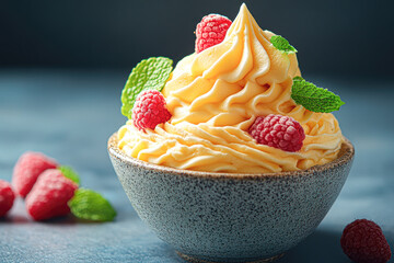 Sticker - A bowl of ice cream with raspberries and mint leaves on top