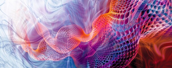Poster - An abstract design featuring vibrant swirls and mesh patterns in shades of purple, red, and orange, creating a dynamic and modern visual effect.