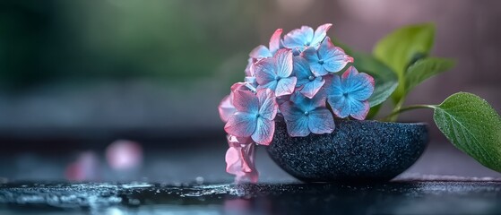  A tight shot of a flower in a vase, featuring a green leaf next to it, and a blue bloom across the way