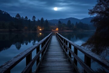 Wall Mural - Bridge night lake moon.