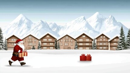 Wall Mural - Santa Claus strolls happily through a snowy village, lantern and gifts in hand, amid snow-covered houses and festive lights, embracing the cheerful Christmas spirit