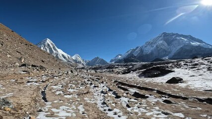 Wall Mural - Footage of tourist while trekking from Lobuche to Everest Base Camp in Nepal.