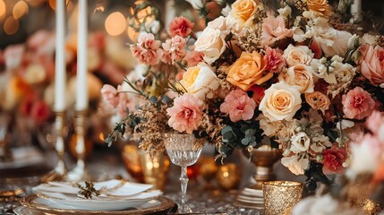 Exquisite vintage wedding decor featuring lush opulent floral arrangements in shades of pink peach and ivory accented with gleaming golden elements for a sophisticated glamorous aesthetic