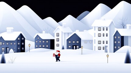 Wall Mural - Santa Claus strolls happily through a snowy village, lantern and gifts in hand, amid snow-covered houses and festive lights, embracing the cheerful Christmas spirit