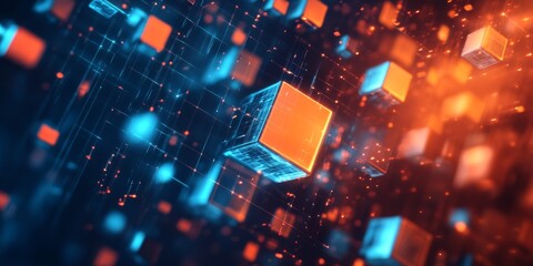 Poster - Experience a stunning visualization of a futuristic cyberspace with glowing data networks and intricate 3D cubes that embody modern technology and enhanced connectivity in the digital age