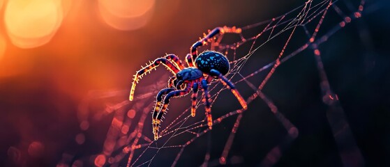  A tight shot of a spider on its web, backdrop softly blurred with distant lights
