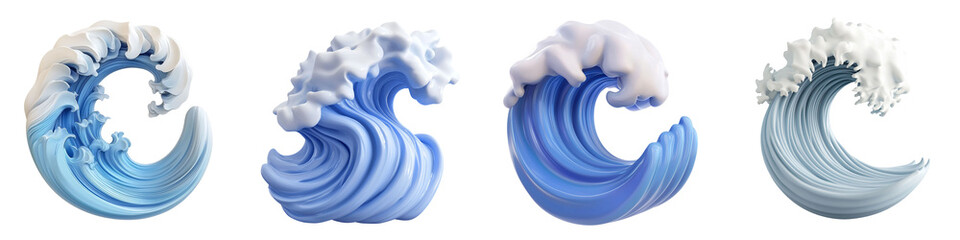 Poster - PNG 3d icons and object Dynamic waves in various styles showcase beauty of ocean movement, featuring smooth curves and frothy crests. Each wave captures unique essence of waters fluidity and energy