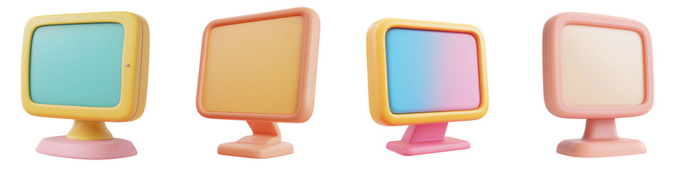 Poster - PNG 3d icons and object Retro computer monitors in pastel colors, showcasing playful design. These vintage inspired screens add nostalgic touch to any space, perfect for decor enthusiasts