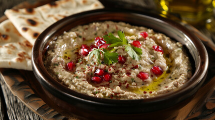 A close-up of creamy Lebanese Mutabal, garnished with fresh parsley, pomegranate seeds, and drizzled with olive oil. Served with warm pita bread.