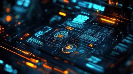 Poster - High-tech interface with glowing elements and data displays.