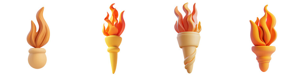 Poster - PNG 3d icons and object Stylized torch illustrations with flames in various designs, showcasing vibrant colors and shapes. These elements can symbolize enlightenment, victory, or celebration