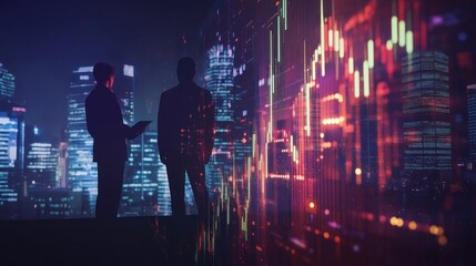 Poster - Silhouetted figures against a city skyline with data visualization overlay, symbolizing business analytics.