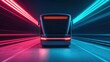© rookielion - A futuristic bus with dynamic neon lights, showcasing modern transportation in a vibrant, high-tech environment.