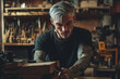 © Юлия Падина - Focused craftsman working with wood in a workshop, displaying tattoos and using intense concentration, highlighting dedication and creativity