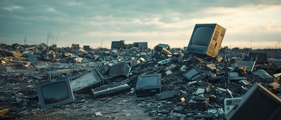 Barren landscape filled with piles of broken discarded electronic devices and gadgets symbolizing the growing environmental crisis caused by the improper disposal and accumulation of e waste