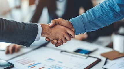 Poster - Two business professionals shaking hands in a meeting, signifying agreement or partnership.