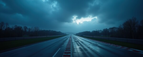 A dramatic view of a wet road under a stormy sky, perfect for illustrating themes of solitude, adventure, or unpredictability in travel and automotive contexts.