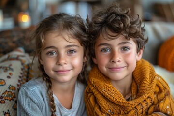 two children with bright eyes and freckles, sitting close together, smiling warmly in a cozy environ