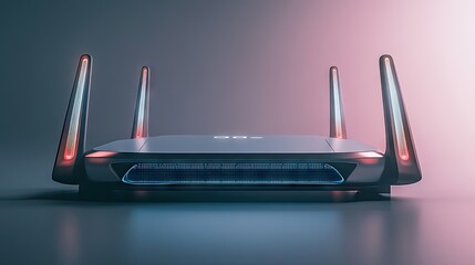 Poster - A futuristic 5G router with multiple antennas, providing high-bandwidth, secure online communication for a modern household.