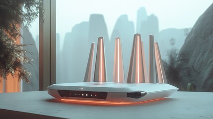 Poster - A futuristic 5G router with multiple antennas, providing high-bandwidth, secure online communication for a modern household.