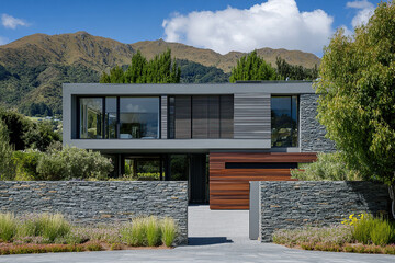 A front view of a modern house in Queenstown, New Zealand. The house has grey stone walls and wood cladding. The mountains are visible in the background, with a blue sky and green trees.