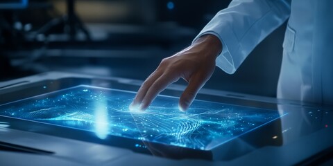 Poster - In a hightech lab, a passionate scientist uses a holographic interface to explore groundbreaking innovations and sustainable energy solutions that could profoundly impact our future