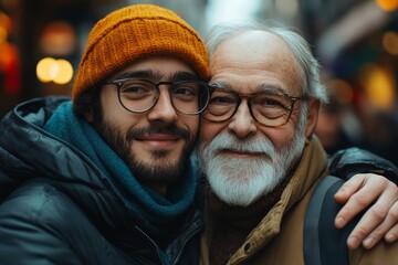 An adult hipster son and his senior father in town, hugging, Generative AI