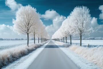 Poster - Infrared photography, a winter landscape with trees along a road, a blue sky, and white and light grey colors, captured with a wide-angle lens.