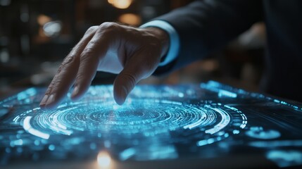 Poster - A detailed closeup image of a hand engaging with a sophisticated holographic interface, illustrating cuttingedge technology within an imaginative and creative workspace environment