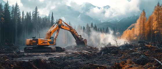 An industrial excavator tearing through a lush forested landscape symbolizing the environmental impact and deforestation that often accompanies development and resource extraction