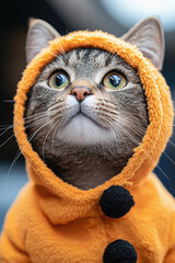 A cat wearing an orange hooded jacket is staring at the camera. The cat's eyes are bright and curious, and the orange jacket adds a playful and whimsical touch to the scene