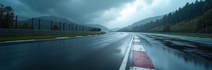 A dynamic image of a wet racetrack under cloudy skies, perfect for automotive, sports, or event promotions conveying speed, performance, and endurance.