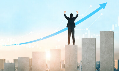 Poster - Double Exposure Image of Business and Finance - Businessman with report chart up forward to financial profit growth of stock market investment. uds