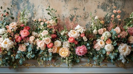 Luxurious floral wedding backdrop featuring a stunning arrangement of blooms in vibrant colors lush greenery and elegant gold accents creating a vintage inspired and sophisticated aesthetic for a chic