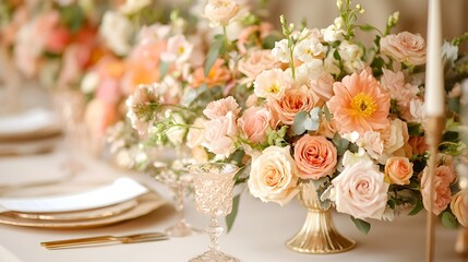 Lavish floral arrangement in golden vase with luxurious details showcasing the beauty and elegance of a high end wedding The delicate flowers and ornamental decor create a sophisticated ambiance