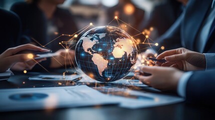 Poster - A business meeting with a digital globe, symbolizing global connectivity and collaboration.