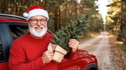 Santa Claus greets everyone with a joyful smile as he sits in his car, showcasing a Christmas tree and gift boxes, all illuminated by the bright daylight