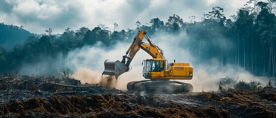 Powerful industrial machines tearing into a lush forest landscape visualizing the devastating impact of deforestation and the environmental costs of development and progress