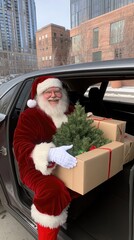 Wall Mural - Santa Claus greets everyone with a joyful smile as he sits in his car, showcasing a Christmas tree and gift boxes, all illuminated by the bright daylight