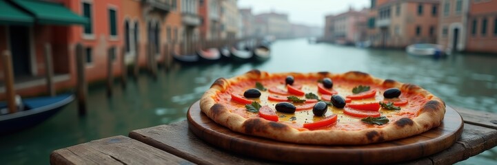 A delicious pizza garnished with olives and tomatoes sits on a rustic wooden board, overlooking a picturesque canal in a charming city.