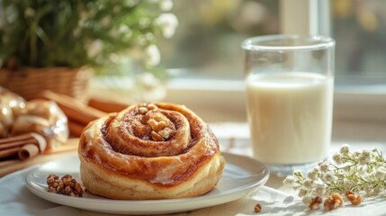 Wall Mural - Cinnamon bun with a glass of milk, breakfast table generative ai