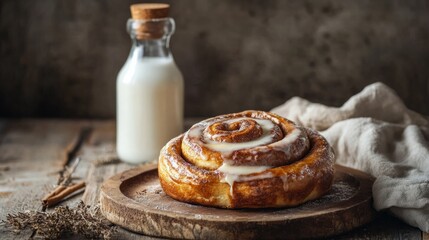 Wall Mural - Cinnamon bun with melted butter glaze, next to a chilled milk bottle on a dessert table generative ai