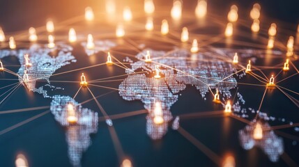 Poster - A digital world map with glowing connections and figures representing global networking.