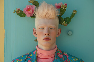 A striking portrait of a young man with spiked blonde hair against a cactus and floral backdrop. A bold and vibrant fashion concept with contemporary flair.