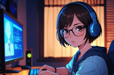 Gamer girl, a cartoon anime character, sits in front of her computer, wearing glasses and headphones.