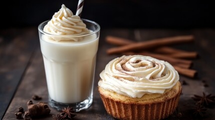 Wall Mural - Cinnamon roll with cream cheese frosting next to a chilled glass of milk generative ai