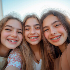 three teenage girls with braces, smiling at the camera, selfie, light background