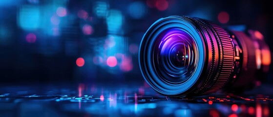 Poster - Camera lens with colorful bokeh lights on a dark background.